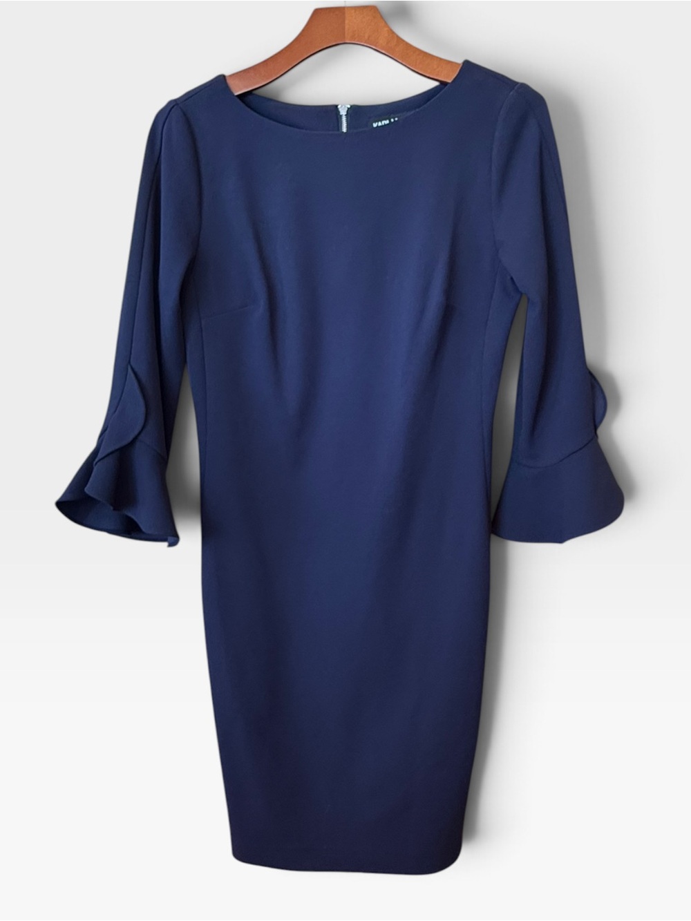 Karl Lagerfeld Paris Navy Sheath Dress Ruffle Bell Sleeve Zip Back 2